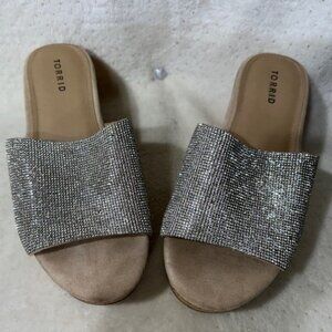 Torrid Silver Rhinestone Cork Wedge Sandals Size 9W Glam **Sparkle** Heels Shoes